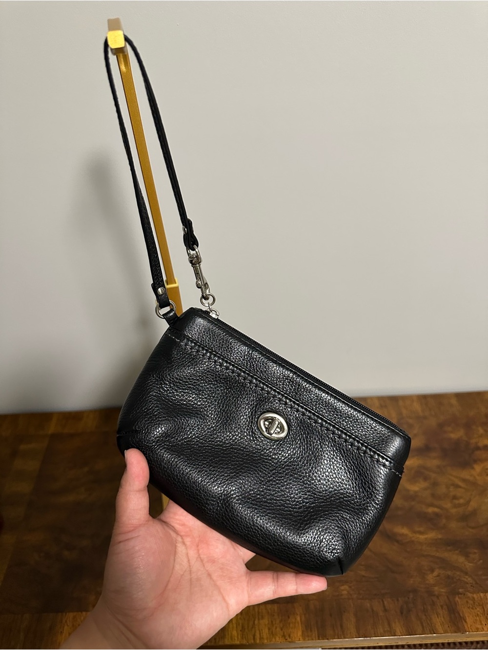 Coach Black Pebbled Leather Wristlet with Turn-Lock